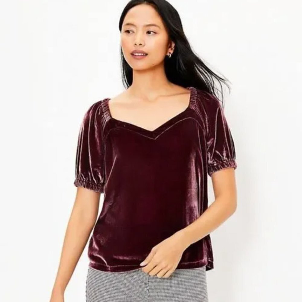 NWT Loft Ann Taylor velvet Velour Puff Sleeve Sweetheart Neck BORDEAUX M